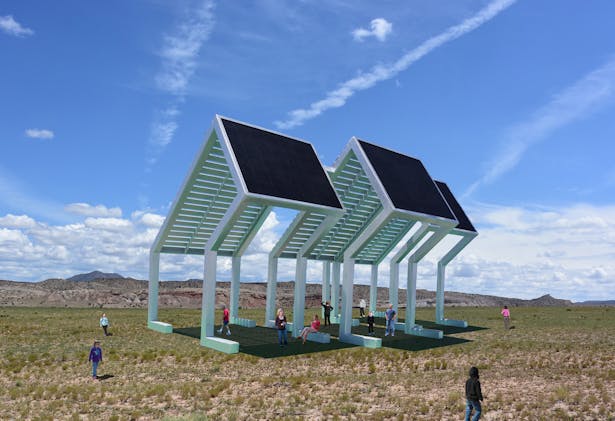 The Solar Oasis Pavilion that makes electricity from the sun and provides a shady gathering place for the local community.