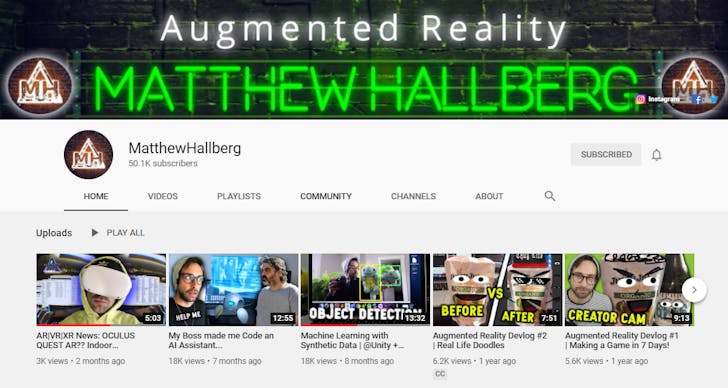 Matthew Hallberg YouTube Channel featuring Augmented Reality Demos