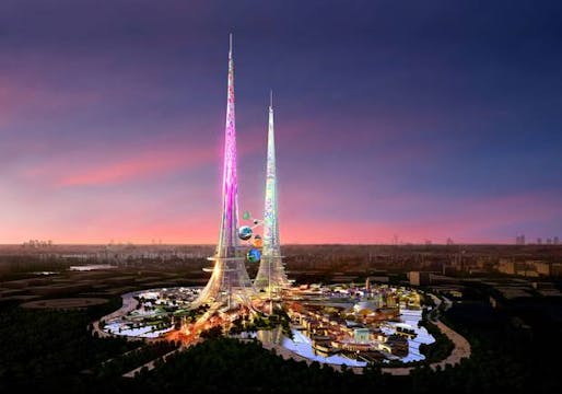 CGI projections of what the £1.2bn project will look like show two solar-powered Eiffel Towers emerging in blazing colour from one of Wuhan's many lakes (The Independent; Rendering: Chetwoods)