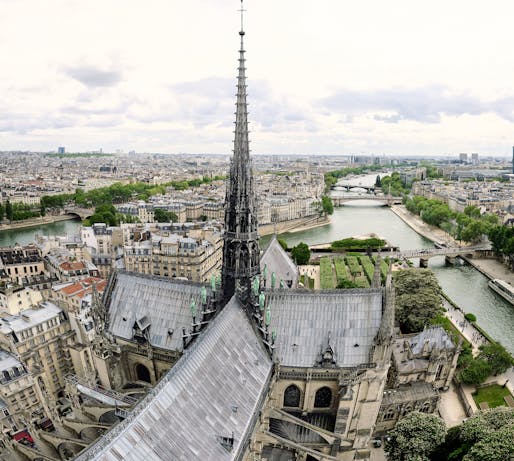Notre Dame's original spire from 1859 as it appeared in 2018, one year before the tragic April 2019 fire. Image courtesy Pedro Szekely/<a href="https://www.flickr.com/photos/pedrosz/41443367785/">Flickr</a> (cropped, CC BY-SA 2.0 Deed)