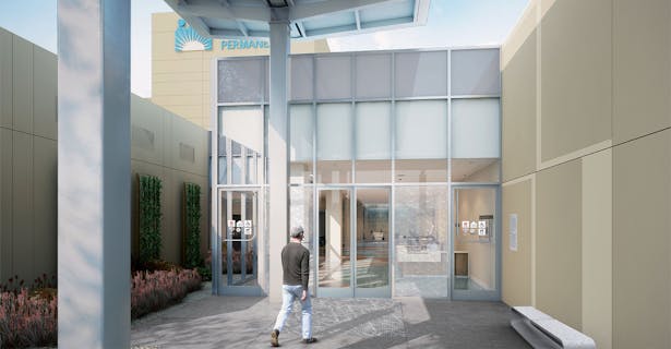 Lobby Entrance Canopy and Front Doors. Render Credit: CO Architects, Inc.