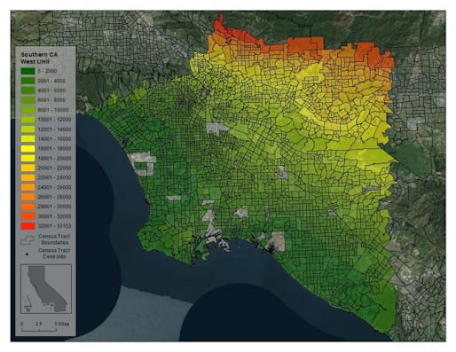 Urban heat island temperatures in the greater Los Angeles area. Image via CalEPA. Image via scpr.org.