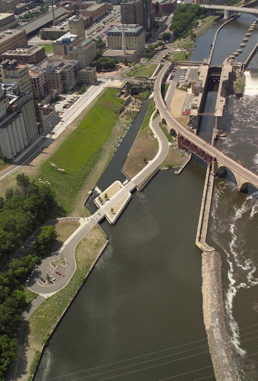 Aerial view of the Water Works site by the St. Anthony Falls, the Mississippi River's only true waterfall (Image courtesy of Minneapolis Parks Foundation)