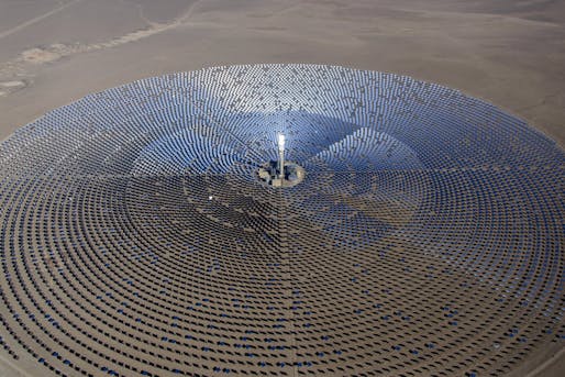 The new Crescent Dunes Solar Energy Plant in the Nevada desert uses molten salt and a giant solar farm to store the sun's heat and generate electricity for up to 10 hours after the sun has set. (Photo: SolarReserve; Image via npr.org)