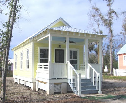 One of the outfitted and installed Katrina Cottages (photo via Daily Kos).