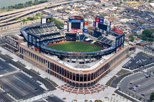 Citi Field in New York, where the Mets play and host to the 2015 World Series game between the Mets and Kansas City Royals (the Royals won). Designed by Populous. Image via wikipedia.org.