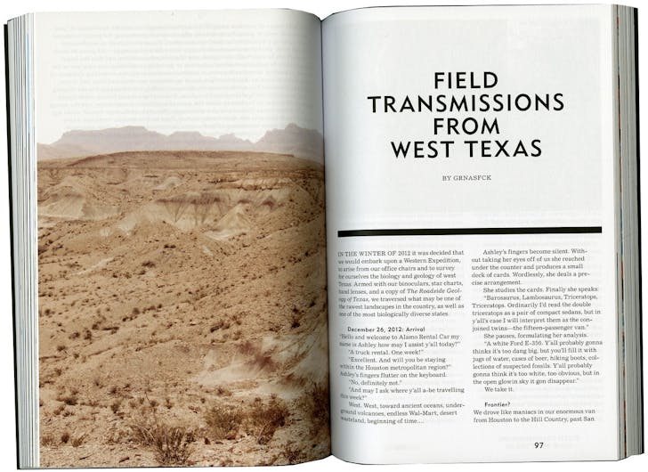 'Field Transmissions from West Texas' was published in the first issue of MANIFEST. Credit: MANIFEST / GRNASFCK