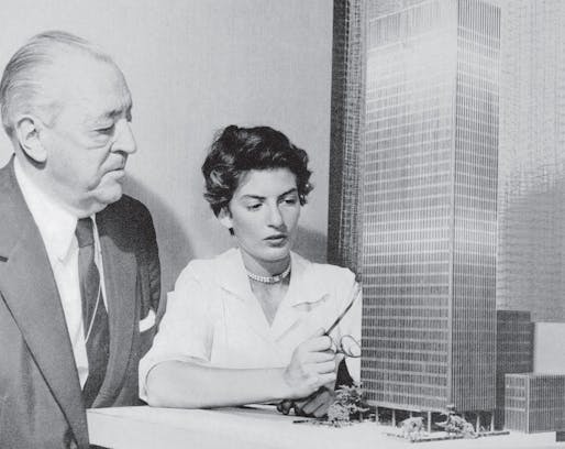 Ludwig Mies van der Rohe and Phyllis Lambert with the model for the Seagram Building New York, 1955. Photo © Fonds Phyllis Lambert.