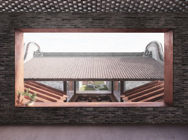A window from the Guesthouse living room frames a view of historic building roofscape