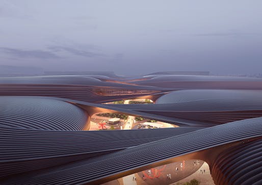 Rendering of Phase II of Beijing's International Exhibition Centre. Rendering: Brick Visual. Image courtesy of Zaha Hadid Architects.