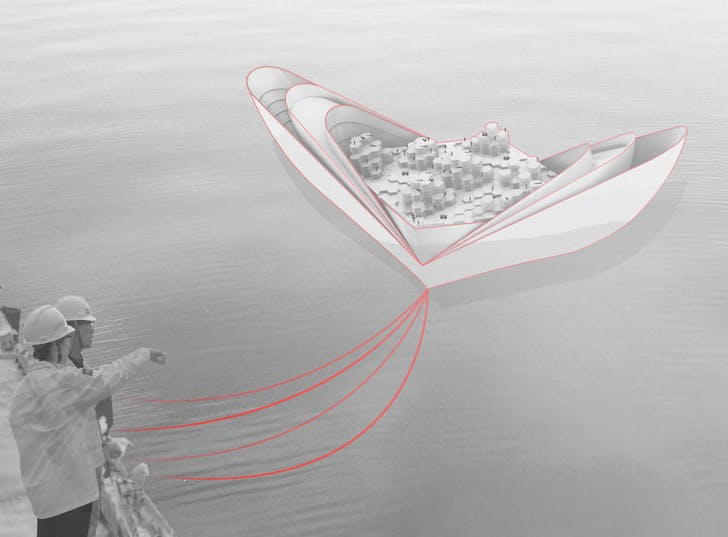 Mobile Oil Boat at sea, transporting goods and workers from rigs to the Hubs (design by Joanna Luo)