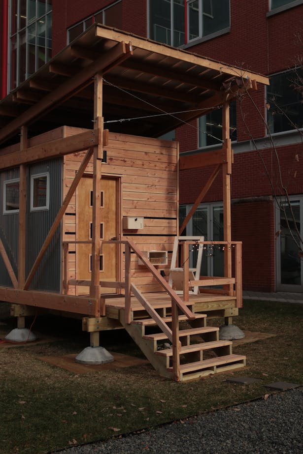 The “Place of Dwelling” (POD) was born out of the efforts of 15 architecture students and adjunct professors Erin Pellegrino and Charlie Firestone. It was presented to the public on the Hillier College Green on Monday, December 6, 2021. Image courtesy of NJIT HCAD.