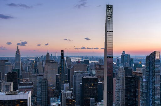 111 West 57th Street by SHoP Architects. The firm's founding principal Gregg Pasquarelli is one of the newest College of Fellows honorees. Photo by Dronalist, image courtesy of SHoP Architects.