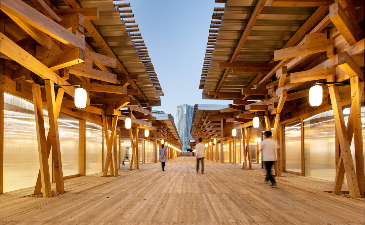 Athletes’ Village Plaza: A Festive Space Created with Timber from Across the Nation by NIKKEN SEKKEI LTD