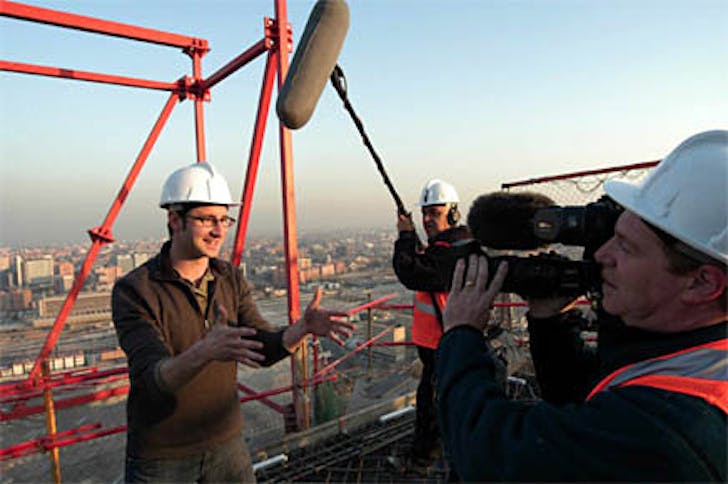 Space Tower: Danny climbs onto Spain's tallest skyscraper, currently under construction in Madrid. Photo by Adam Luibroth