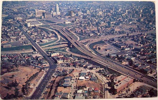 An aerial of the freeways in 1969. Image courtesy of <a href="https://flic.kr/p/6kDtNK">Flickr user Dave (CC BY 4.0)</a>
