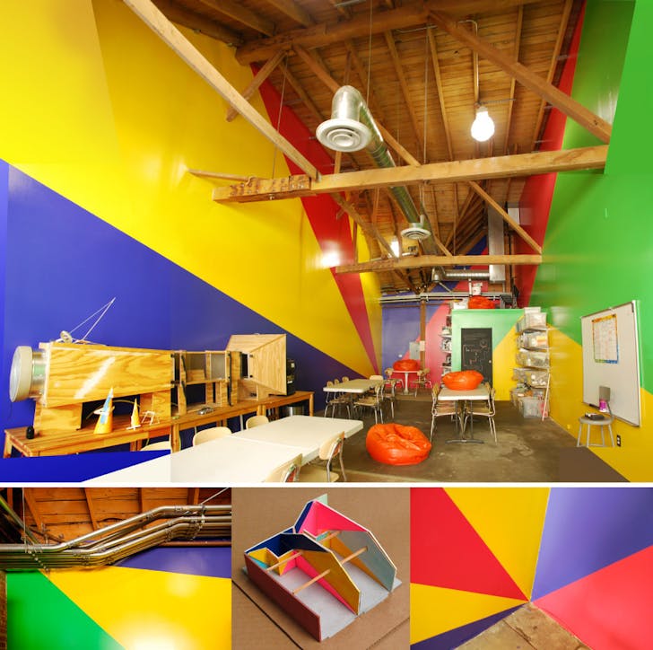 Children’s Science Studios Paint Design. (Iridescent, Downtown LA, 2011) Big geometries and bright colors to fit the use (children making things during short periods of time) and the complex ceiling/space context.