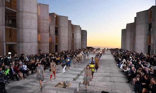 The Louis Vuitton fashion show within the Salk Institute's courtyard on May 12, 2022. Photo by PATRICK T. FALLON/AFP via Getty Images, provided by the Salk Institute.