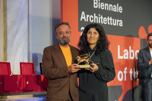 2023 Golden Lion for the best participant in the 18th Exhibition The Laboratory of the Future winners of DAAR: Alessandro Petti and Sandi Hilal. Image courtesy La Biennale di Venezia.