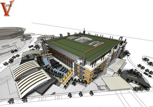 aerial view of revitalized Coliseum, veteran's memorial, and new USA Swim training facility.