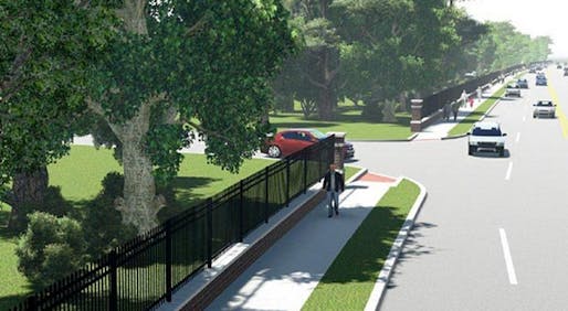 Tulsa Mayor Dewey Bartlett won’t commit to building this sidewalk to provide direct walking access to the city’s major new park, but he hasn’t ruled it out either. (via streetsblog.org; Rendering: Smart Growth Tulsa Coalition)