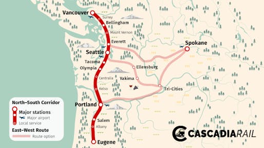 Map showing proposed rail routes connecting Portland, Oregon and Vancouver, Canada. Courtesy of Cascadia Rail.