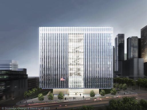 A rendering of the new federal courthouse that will be located at the corner of First St. and Broadway in Downtown LA. Photo courtesy of SOM.