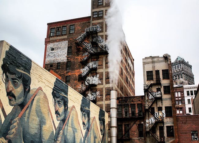 Julie Huff, Detroit, MI. Mural and steam pipe, 2015.