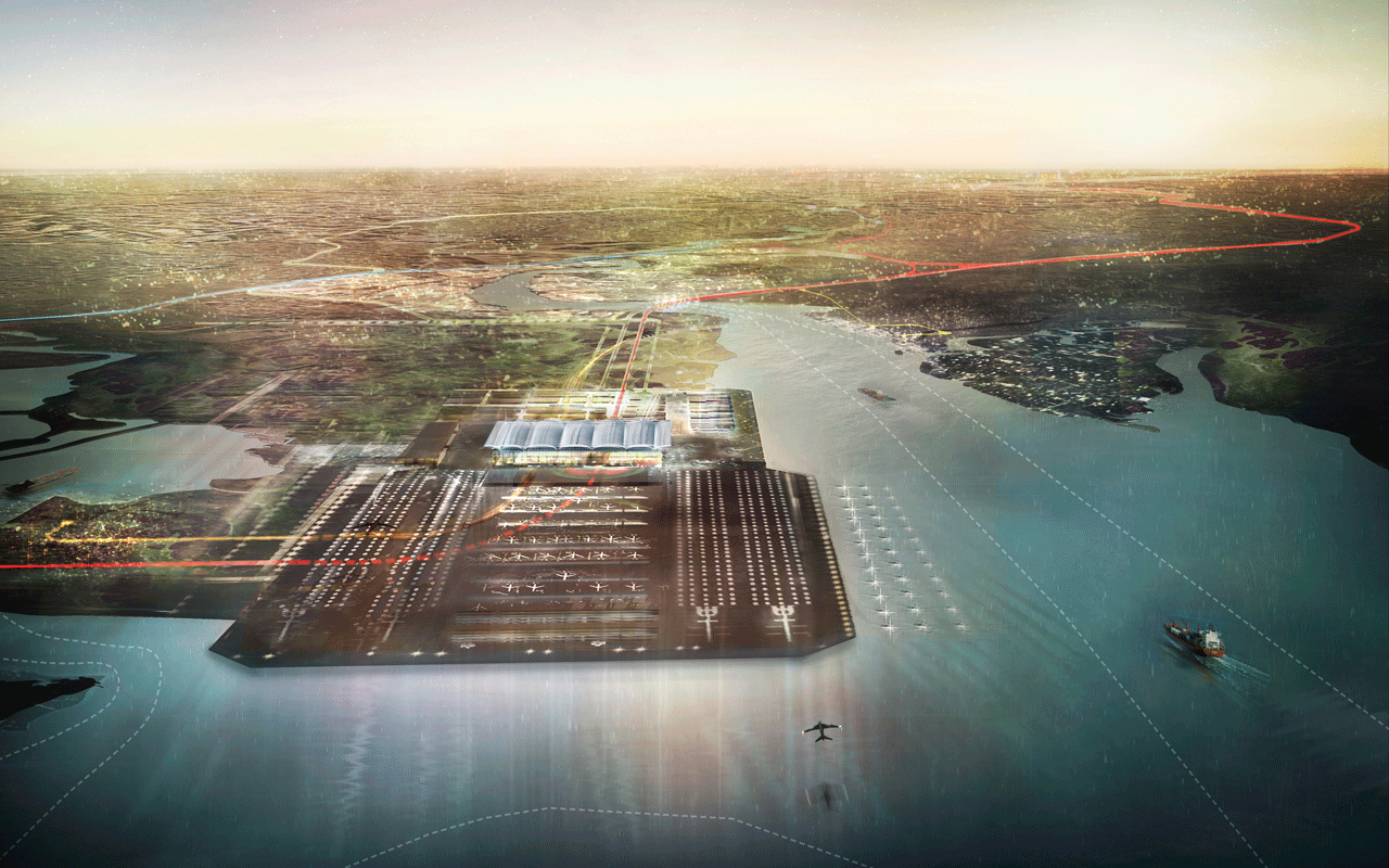 Rendering of the ambitious London Thames Hub airport proposal, designed by Foster + Partners. (Image via fosterandpartners.com)