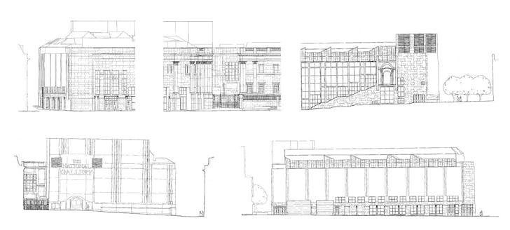 Figure 8 - Sainsbury Wing Elevations. Clockwise from top left: South, 'Diagonal', East, West, and North