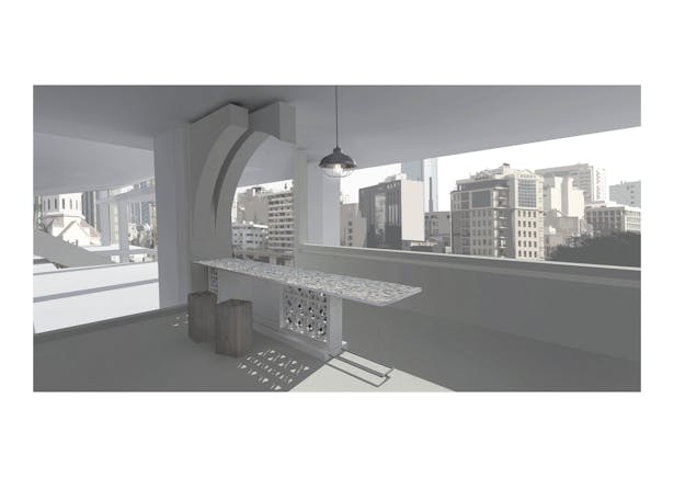 Render of First Floor Cafe Space Shared Tables and View over Beirut