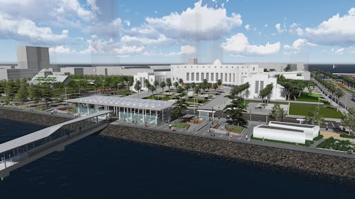 Rendering of Waterfront Plaza Ferry Shelter. Image Credit: Treasure Island Community Development/AECOM.