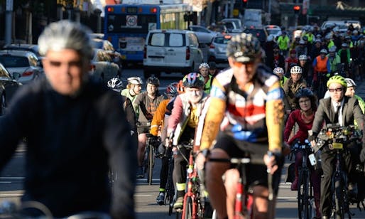 Cyclists protest the proposed closure of the College Street cycleway in Sydney, Australia. Photograph: City of Sydney, via The Guardian.