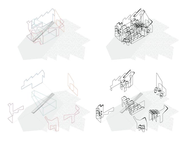 Axonometric showing assembled figural drawings in space