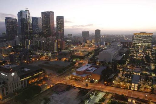 The new Grand Park is at the right as dusk descends on downtown. The photograph was shot from the top of City Hall. (Photo: Francine Orr / Los Angeles Times / July 23, 2012)