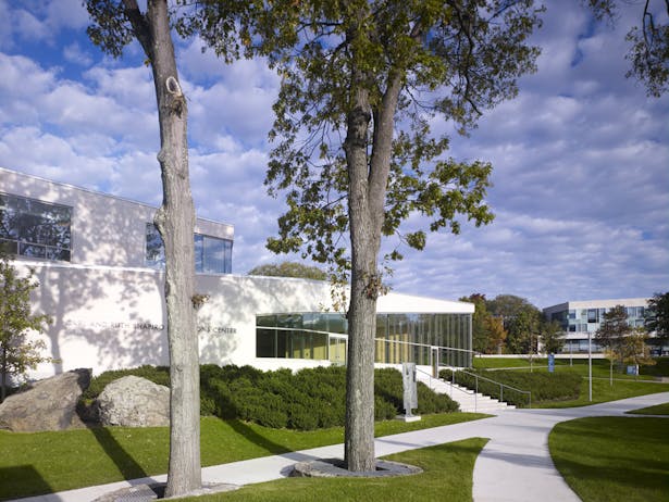 East facade with view of Campus Center to the north, demonstrating connection to surrounding buildings through views, circulation, and landscapes 