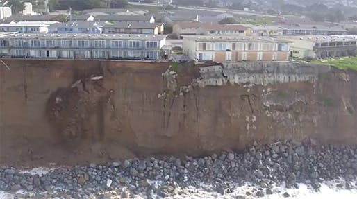Drone footage shows the severity of coastal erosion at this Pacifica, CA cliff following heavy El Niño rains. (Image via huffingtonpost.com)