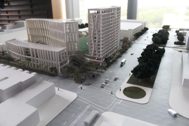 A 3-D model of the dorm's 15-story tower will be adjacent to 55th Street, where many businesses are already located.