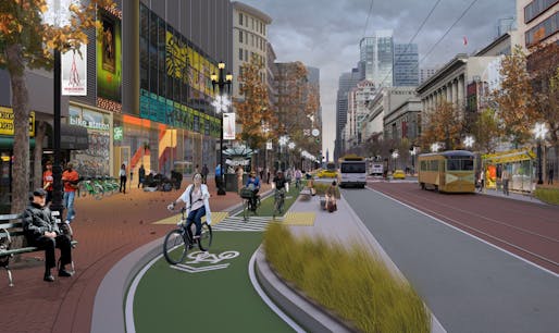 A rendering imagines happy bicyclists safely traversing San Francisco via dedicated bike paths. Credit: SF Bicycle Coalition, via Wired