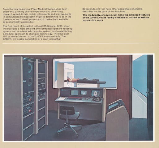 Patricia Moore, ACTA-Scanner brochure by Pfizer Medical Systems. Patricia Moore’s first experience as a product designer was working to convert the first full-body scanner into a viable medical diagnostic tool that took patient comfort into consideration (1976). Photo: Courtesy of Patricia Moore.