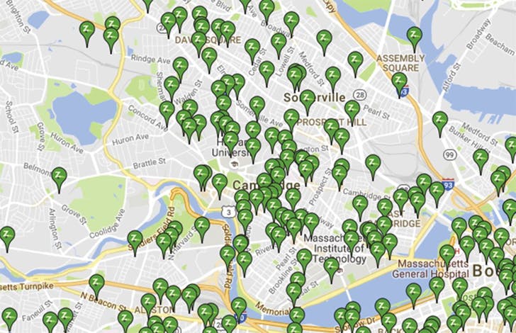 Zipcar locator map for the Cambridge, Massachusetts, area, 2016.