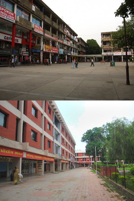 Top: Chandigarh shopping district Bottom: Gandhinagar shopping along the thoroughfare