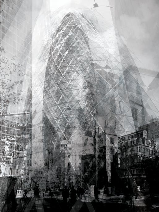 Bryan Scheib, “The Gherkin,” digital computer file, 2013. Created by superimposing dozens of the user-uploaded photographs that rank near the top of a Google Image search, this visualization by Bryan Scheib captured the tension between consistency and variation in visual representation that characterizes urban icons. Courtesy of Bryan Scheib.
