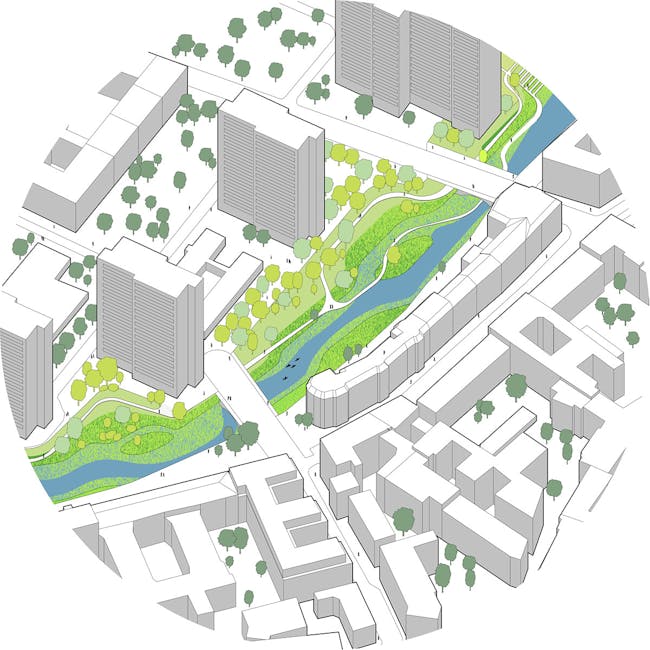 Global Holcim Awards Bronze 2012: Urban renewal and swimming-pool precinct, Berlin, Germany: Segment C: Isometric view of renaturized uppermost section of the river. (Image © Holcim Foundation)