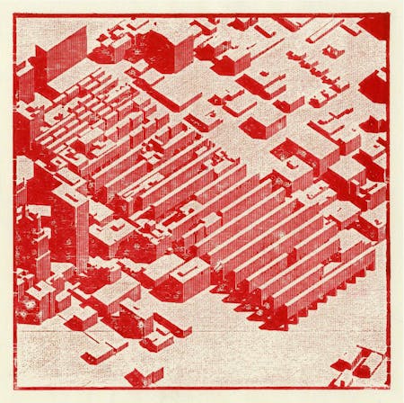 Axonometric of the 'Homestead' territory within downtown Kansas City. Laser cut woodblock print. Image: Andrew Bruno