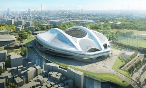 ‘Like a turtle waiting for Japan to sink so that it can swim away’: Zaha Hadid’s revised design for the Tokyo 2020 Olympic stadium. (via the guardian.com; Image: ZHA)