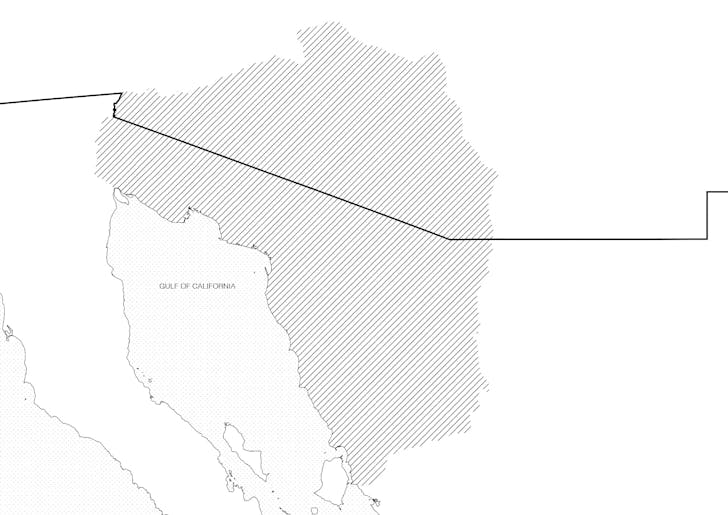 Extent of Tohono O’odham original territory. Boundaries of the current Tohono O’odham Reservation, Organ Pipe Cactus National Monument, and O’odham lands in Mexico. Drawings by Nina Kolowratnik.