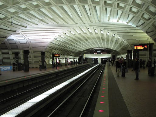 The coffered concrete ceilings of Metro Center in DC. Image via wikimedia.
