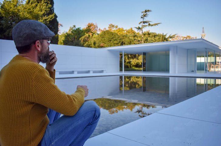 Marc Quintana Carreras Head of Maintenance at the Barcelona Pavilion during the artistic intervention 'mies missing materiality' by architects Anna & Eugeni Bach. Photo by author.