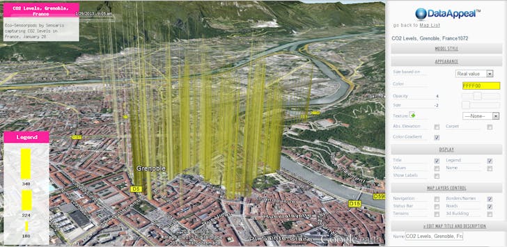 DataAppeal Application showcasing datascape of CO2 Levels, in Grenoble France, rendered in light yellow spiky model. Data Source: Sensaris Eco-Senspod, Senaris France.